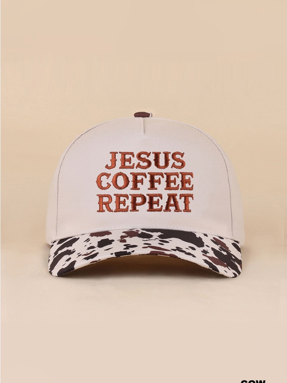 Zenana Outfitters "Jesus Coffee Repeat" Cap - Cream & Brown Cow Print